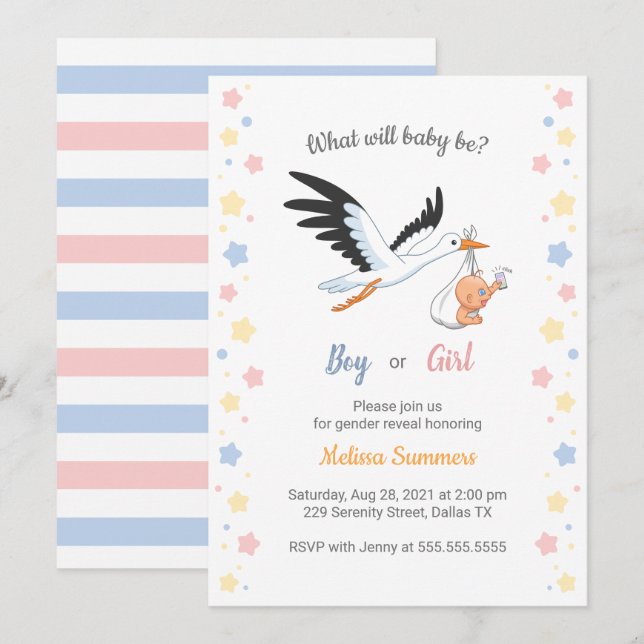 Niño Chica Stork Gender Reveal Party Invitación (Anverso / Reverso)