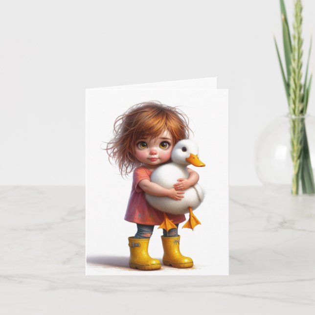 Niño con el Pato de Pekin Blanco cualquier tarjeta (Anverso)