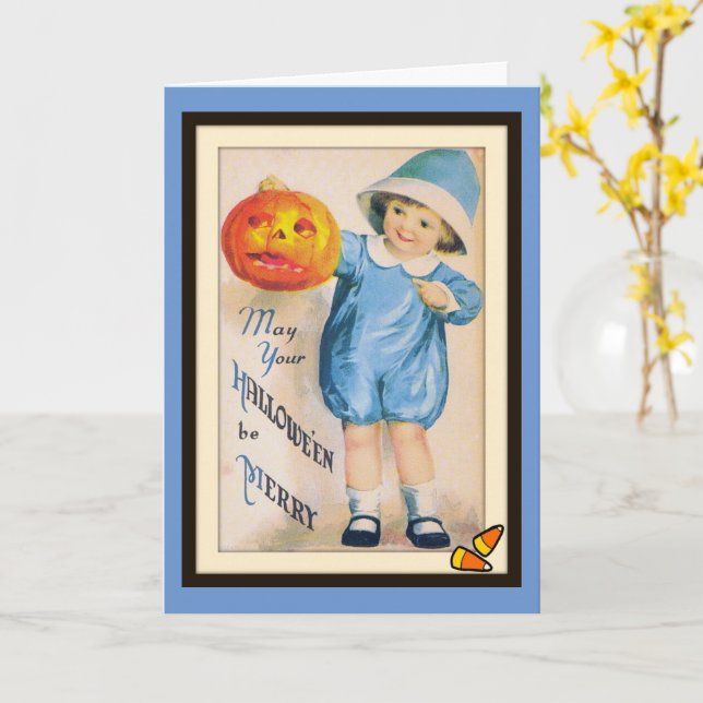 Niño con tarjeta de Jack O' Lantern de Halloween (flor amarilla)