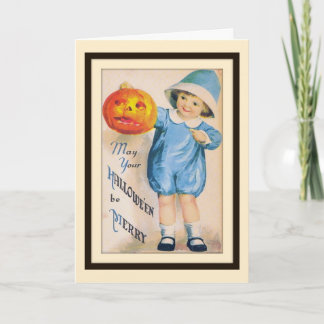 Niño con tarjeta de Jack O' Lantern de Halloween