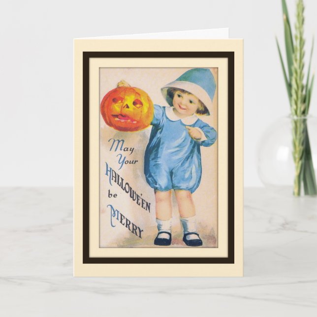 Niño con tarjeta de Jack O' Lantern de Halloween (Anverso)