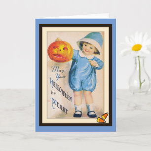 Niño con tarjeta de Jack O' Lantern de Halloween