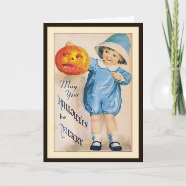 Niño con tarjeta de Jack O' Lantern de Halloween (Anverso)
