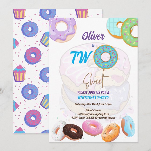 Niño de 2º cumpleaños Invitación de donut (Anverso / Reverso)