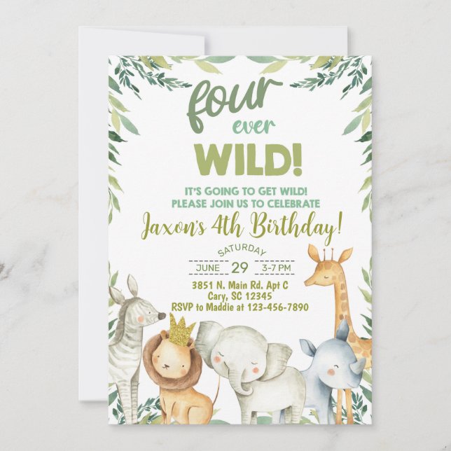 Niño de animales de Safari por cuarta invitación d (Anverso)