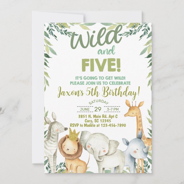 Niño de animales Safari invitación de quinto cumpl (Anverso)