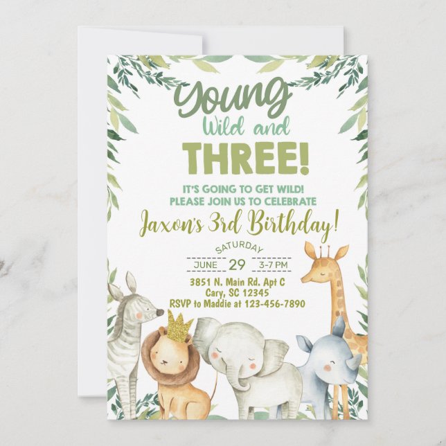 Niño de animales Safari invitación de tercer cumpl (Anverso)