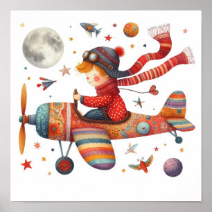 Niño de arte colorido viaja avión viejo