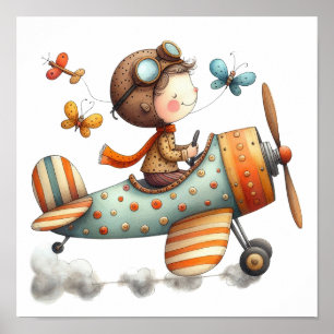 Niño de arte de niños que viaja viejo avión voland