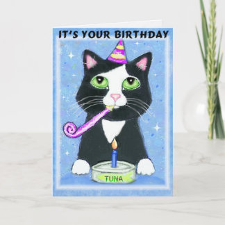 Niño De Cumpleaños Con Tarjeta De Saludo De Gato