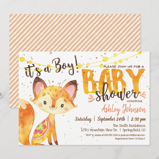 Niño de invitación de Fox Baby Shower Woodland (Anverso / Reverso)