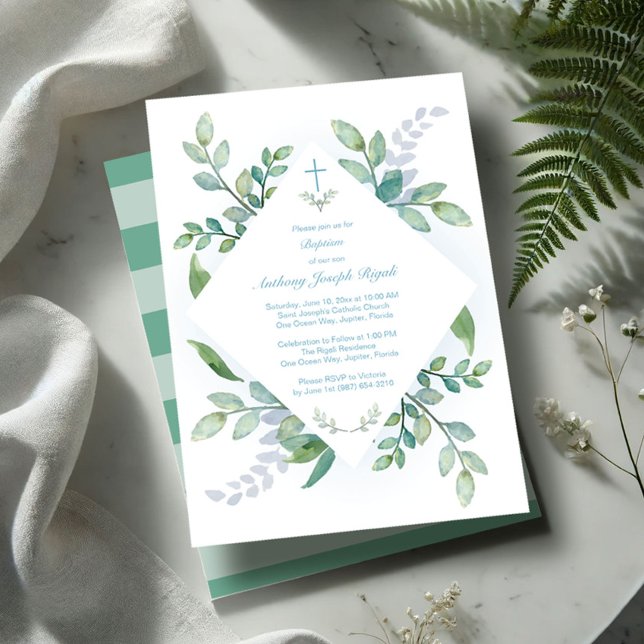 Niño de invitaciones al bautismo de verde (Baptism invitations boy watercolor greenery)