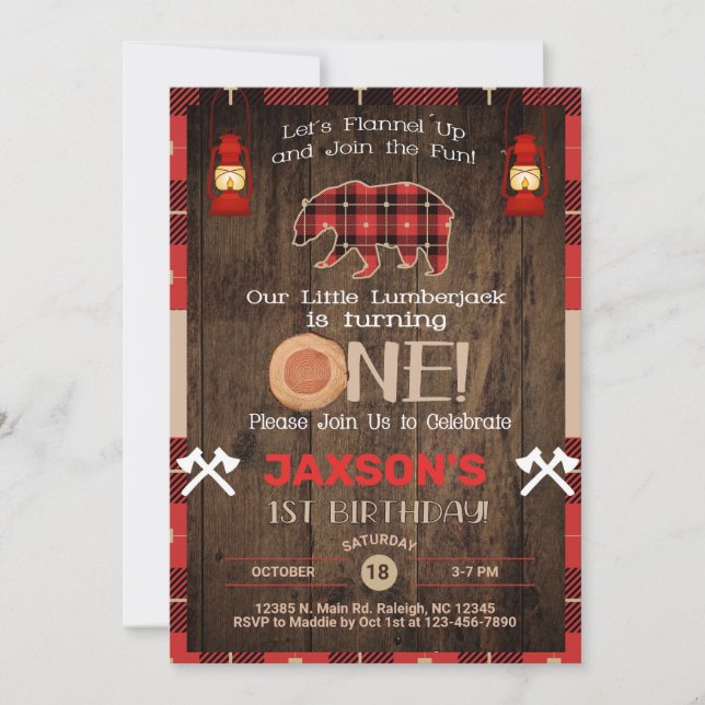 Niño de Lumberjack primera invitación de cumpleaño (Anverso)