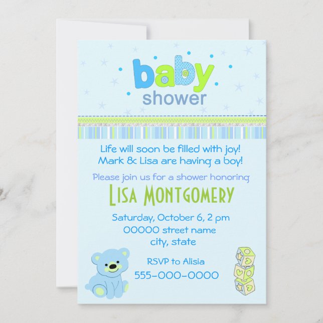 Niño de oso de peluche invitación a ducha de bebé (Anverso)