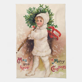 Niño del navidad del vintage y toalla del árbol