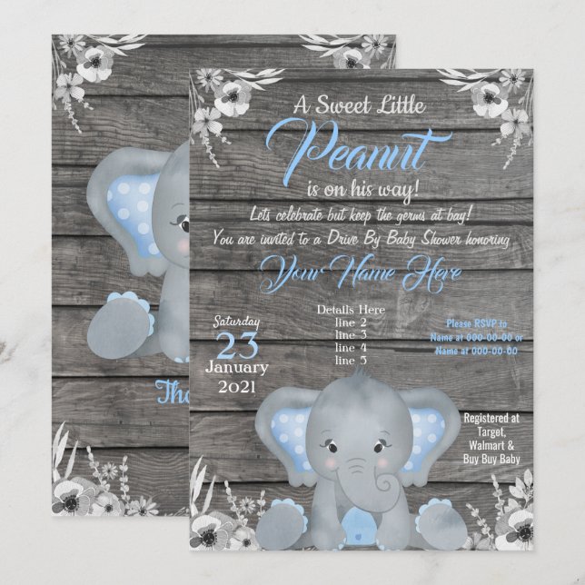 Niño elefante Baby Shower invitación azul ruso (Anverso / Reverso)