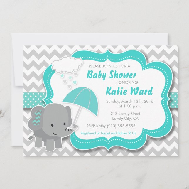 Niño elefante Baby Shower Invitación azul Verde az (Anverso)