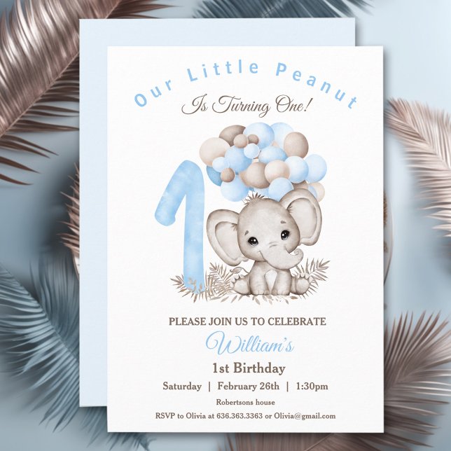 Niño elefante lindo Invitación a cumpleaños 1 (Cute Elephant Boy 1st Birthday Invitation)