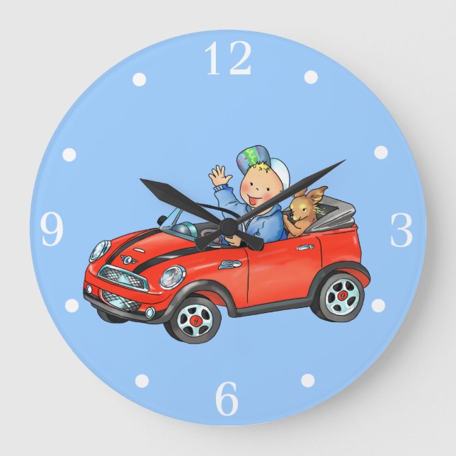 Niño en el auto de juguete rojo - Reloj de pared (Anverso)