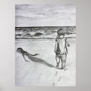 Niño en el dibujo de lápiz de playa Imprimir arte