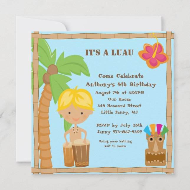 Niño en la invitación de cumpleaños de Bongo Luau  (Anverso)