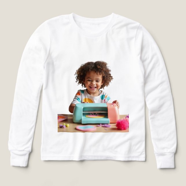 Niño feliz jugando con máquina de artesanía - crea (Diseño frontal)