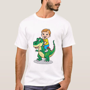 Niño feliz montando una sonriente camiseta de dino