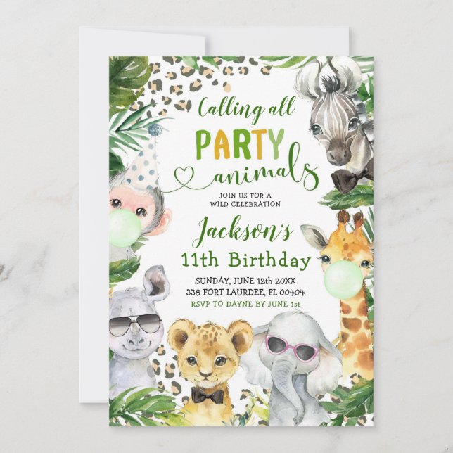 Niño Fiesta Safari Animales Invitación de cumpleañ (Anverso)
