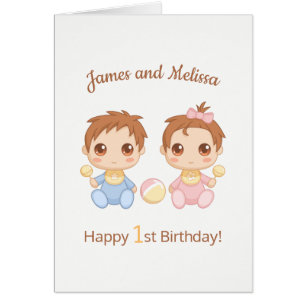 Niño gemelo Chica primer cumpleaños tarjeta en bla
