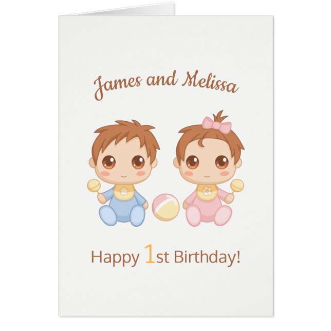 Niño gemelo Chica primer cumpleaños tarjeta en bla (Frente)