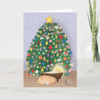 Niño Jesús con corgi y tarjeta de árbol de Navidad