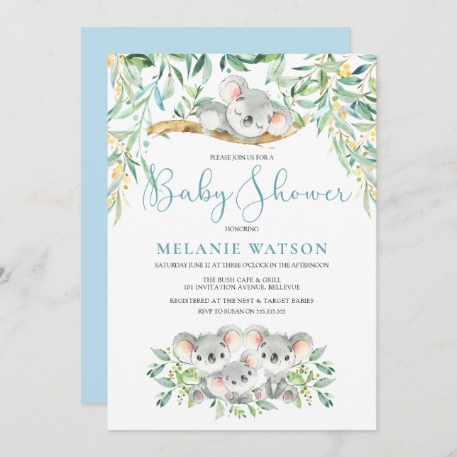Niño Koala Bush bebe invitaciones a la ducha para  (Anverso / Reverso)