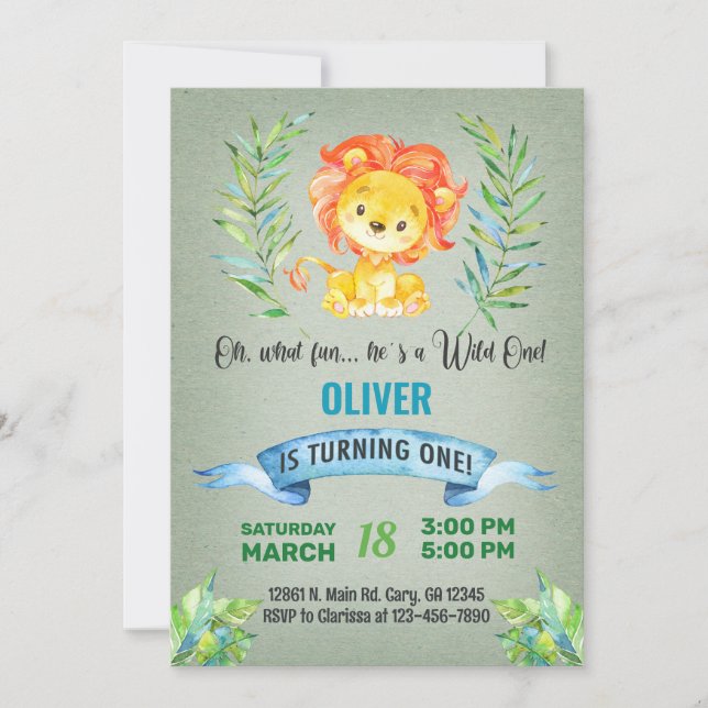 Niño león 1ª invitación de primer cumpleaños. (Anverso)