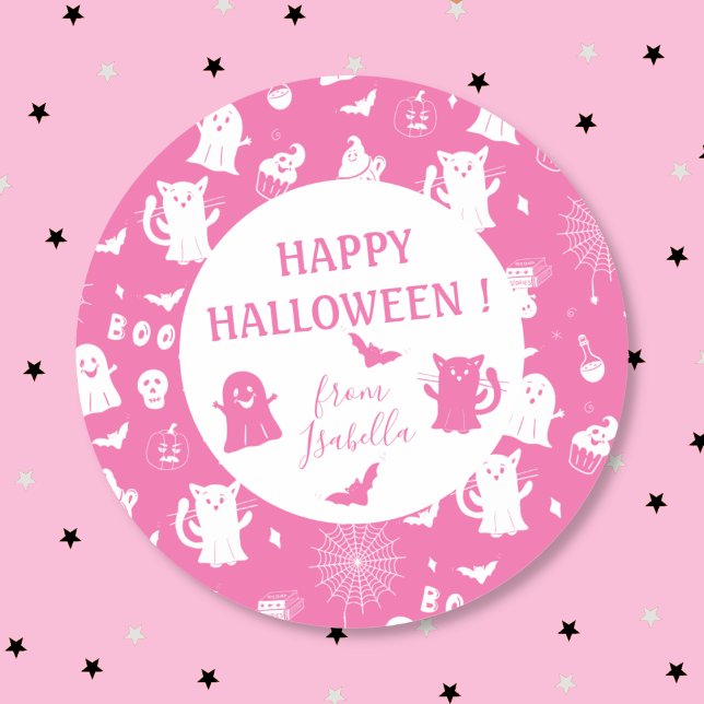 Niño Lindo Espeluznante Pegatina Rosa de Halloween (Spooky cute round pink Halloween kid sticker to seal favor bags .)