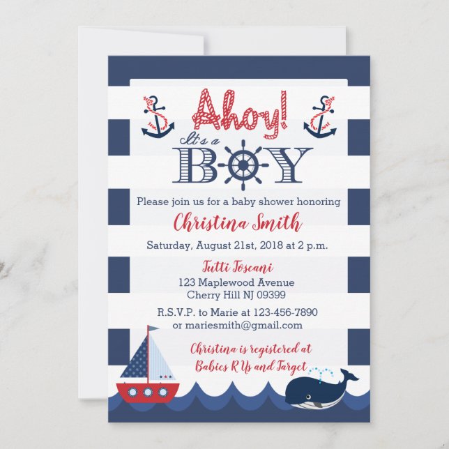Niño Nautical Baby Shower Invitaciones (Anverso)