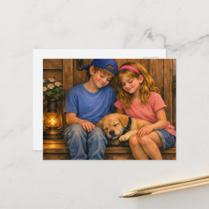 Niño, Niña y Cachorro — Tarjeta Postal de Clínica 