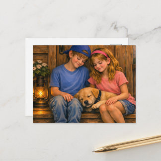 Niño, Niña y Cachorro — Tarjeta Postal de Clínica