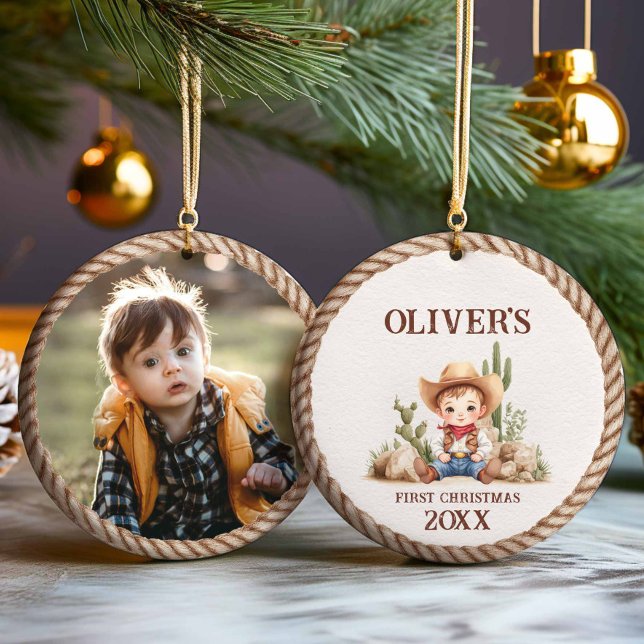 Niño Occidental: Primer ornamento de foto navideña (Western Baby Boy Photo Christmas Ornament)