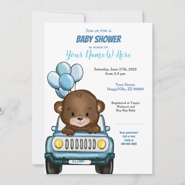 Niño oso en globos de invitación Baby Shower para  (Anverso)
