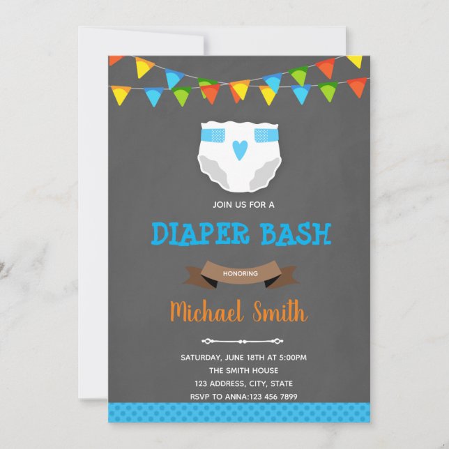 Niño pañal golpea invitación a ducha de bebé (Anverso)