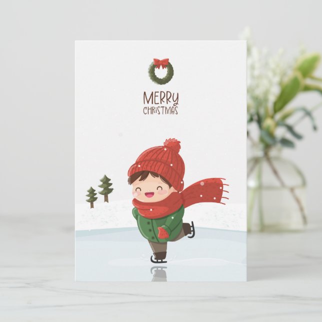 Niño patinando sobre hielo en Navidad (Anverso de pie)