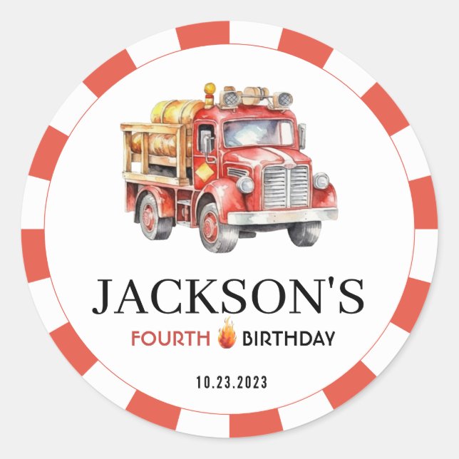 Niño pegatina de cumpleaños de bomberos de camione (Anverso)