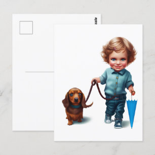 Niño pequeño caminando sobre su arte de postales e