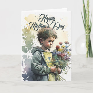 Niño Pequeño Con Bouquet De Flores, Tarjeta De Día