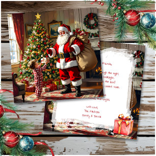 Niño pequeño dando un regalo de Navidad a Santa