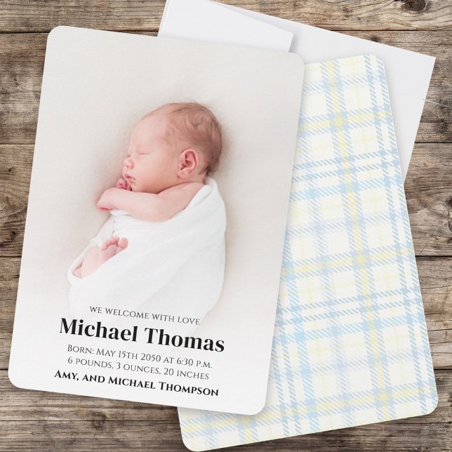 Niño Personalizado de foto de nacimiento  Blue Pla (Baby boy birth announcement. )