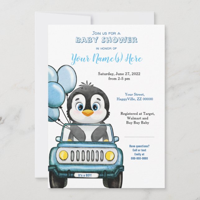 Niño Pingüino de Baby Shower en invitación al auto (Anverso)