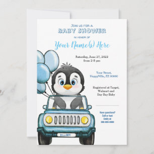 Niño Pingüino de Baby Shower en invitación al auto