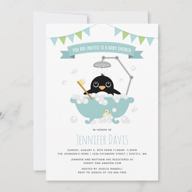 Niño pingüino en baño azul Invitación a ducha (Anverso)