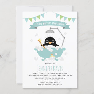 Niño pingüino en baño azul Invitación a ducha